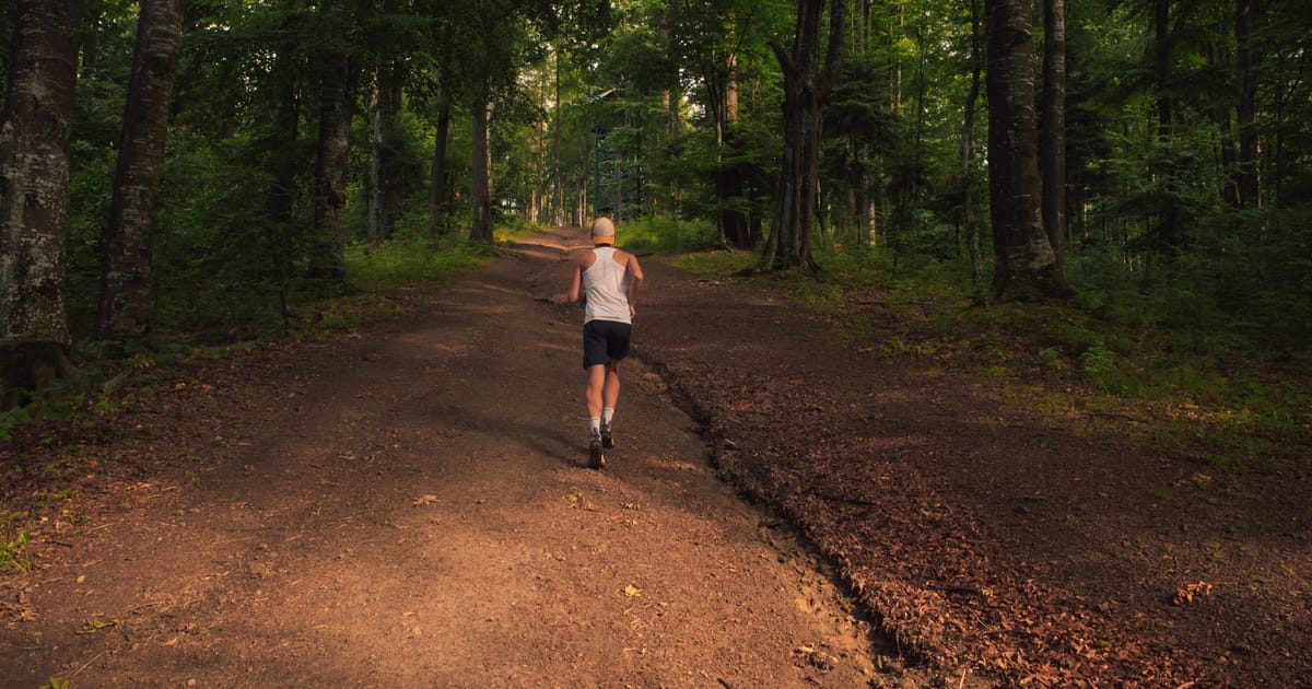 A runner at an easy pace on a quiet path, photographed low so the shoes are in frame mid-stride.